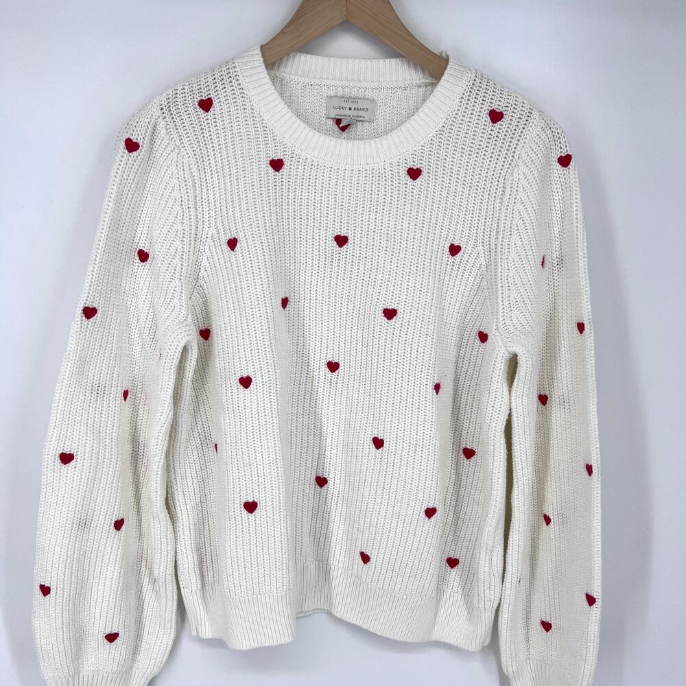 Lucky Brand Womens All Over Heart Embroidered Sweater Size Large Preowned